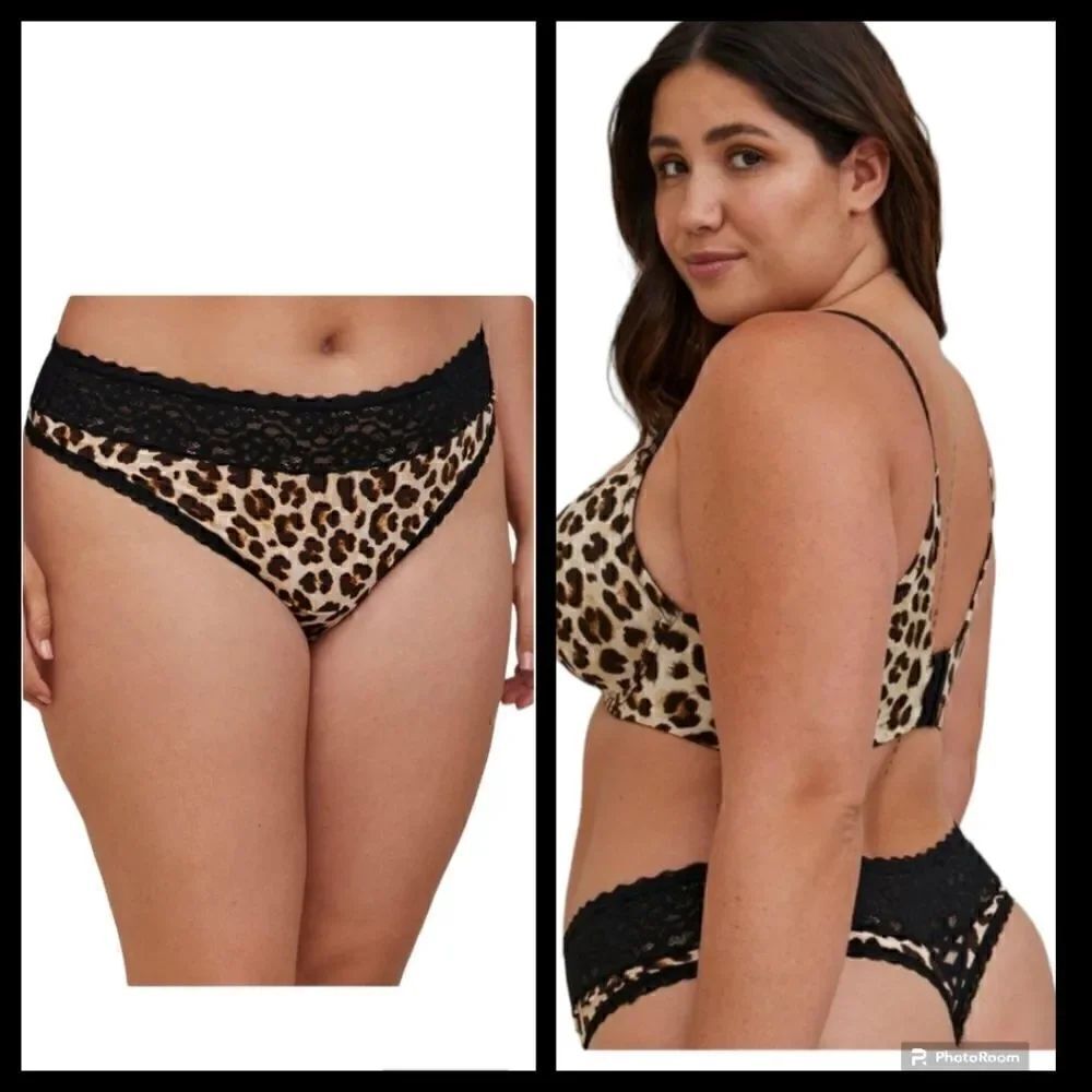 6X 30W Torrid Leopard Thong Panty Lace Trim Mini Lattice Back Retro Lingerie Bla